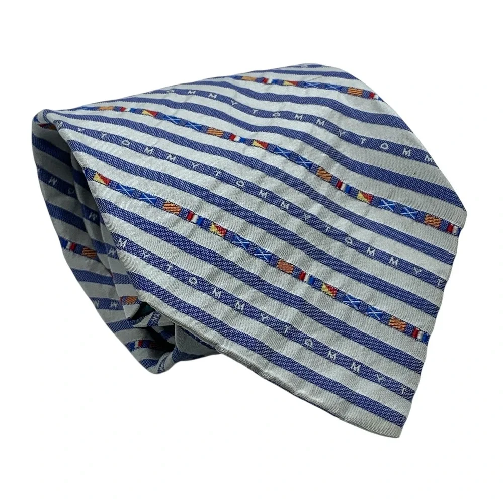 Tommy Hilfiger Men's Silk Necktie Blue/White Striped‎ Nautical Flag Logo Tie